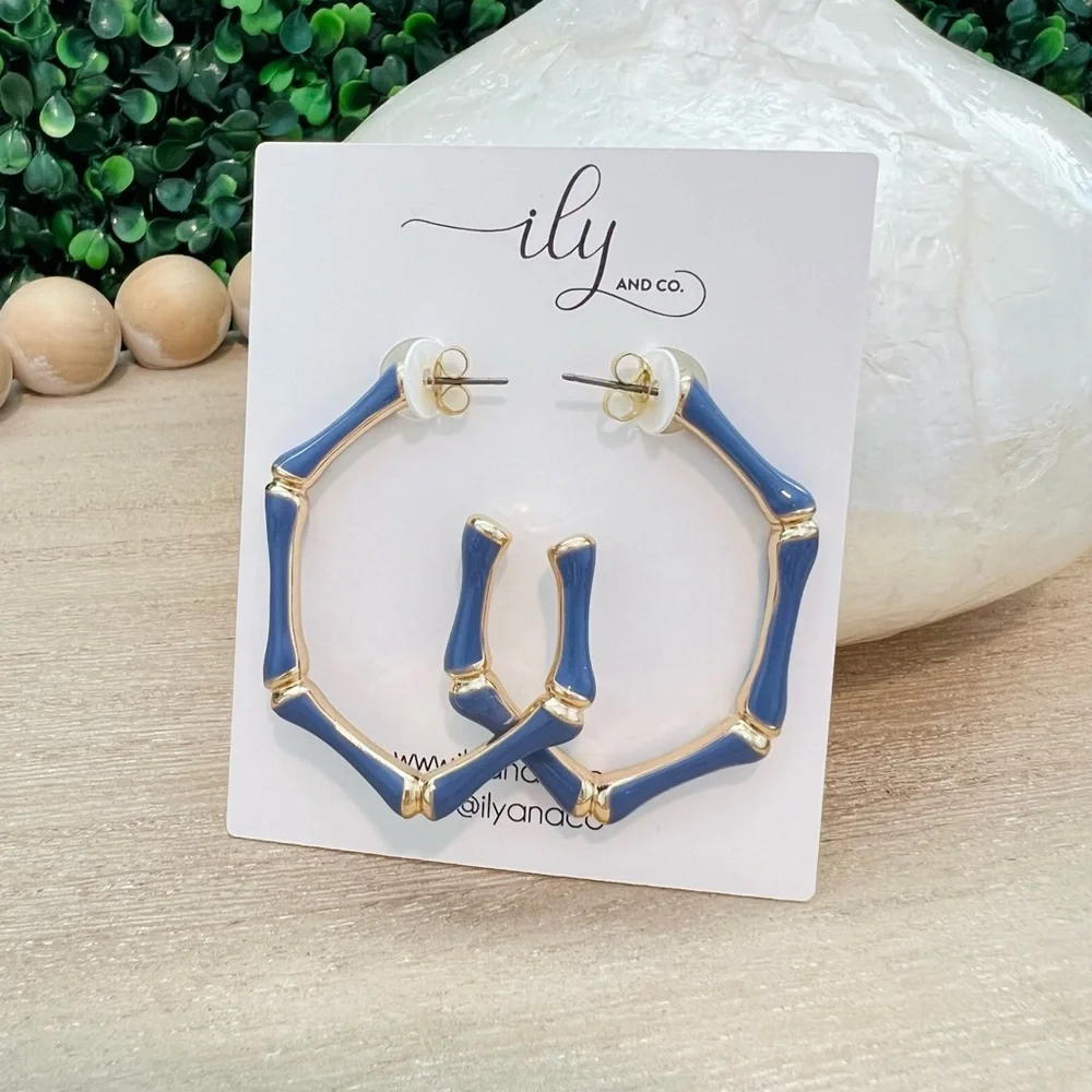 New Denim Blue Enamel Bamboo Hoop Earrings Grandmillennial | Gold | Lightweight